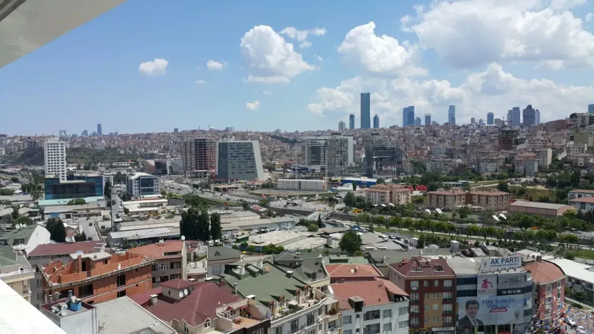 Panoramic city view from the apartment balcony